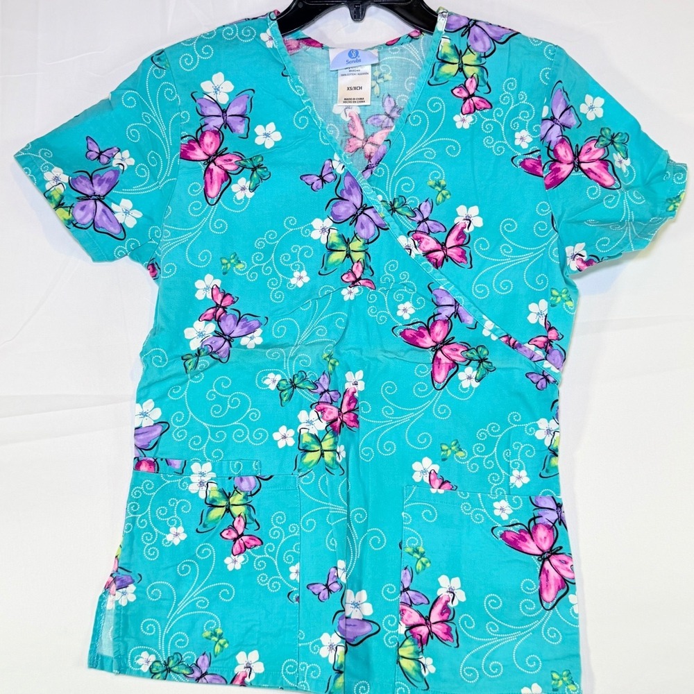 SB Scrubs Butterfly Floral Print Scrub Top Size XS Mock Wrap Pockets